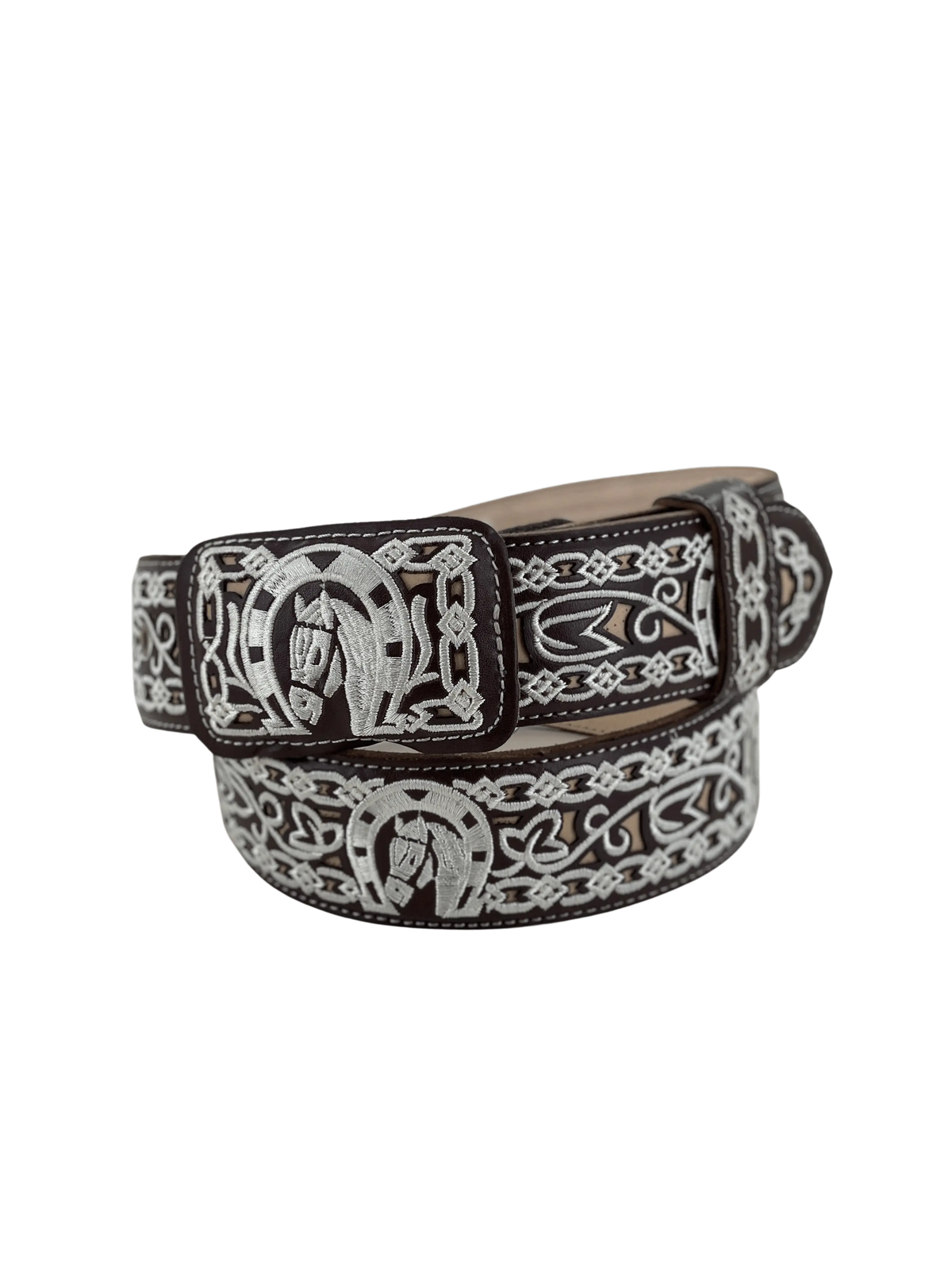 Brown Leather Belt With Embroidered Horse Buckle