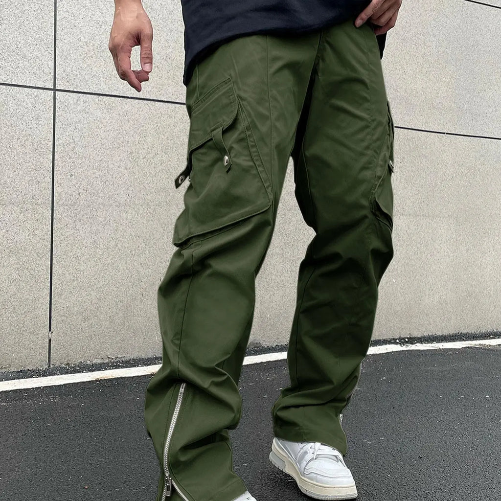 Olive Cargo Pants with Large Pockets and Ankle Zips