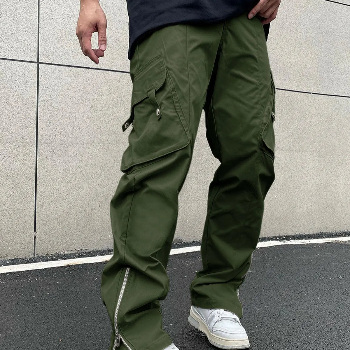 Olive Cargo Pants with Large Pockets and Ankle Zips