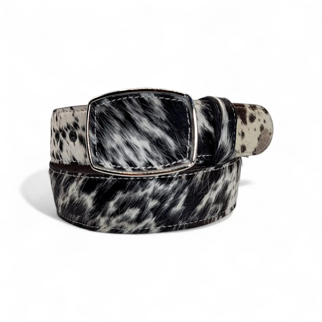Black and White Hair-On Hide Belt With Buckle