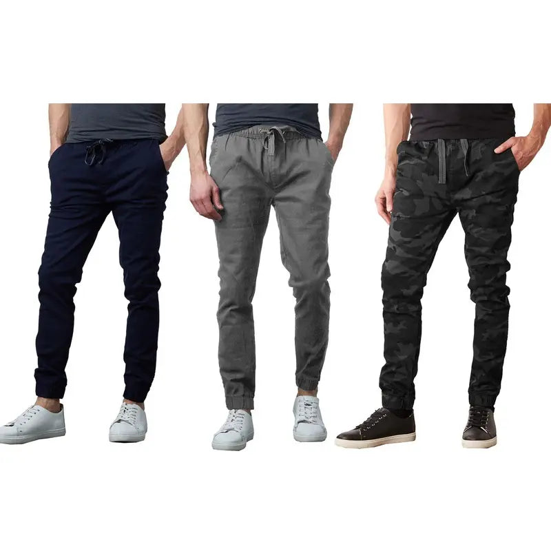 Three Pack Drawstring Jogger Pants in Black, Grey, Khaki