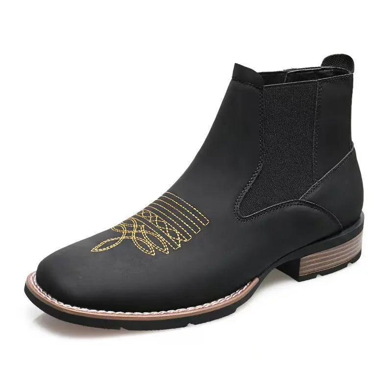 Black Square-Toe Chelsea Boots with Gold Stitching