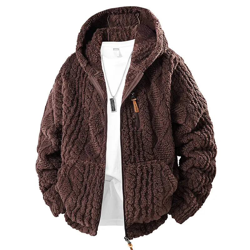 Camel Brown Fluffy Hooded Zip-Up Jacket