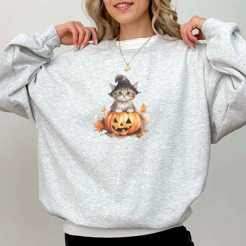 Heather Gray Crewneck Sweatshirt With Kitten Print