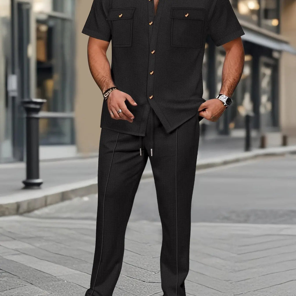 Cream Textured Short Sleeve Shirt and Pants Set