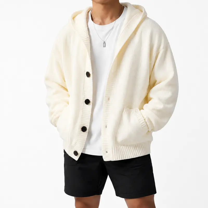Hooded Button-Front Knit Cardigan with Pockets