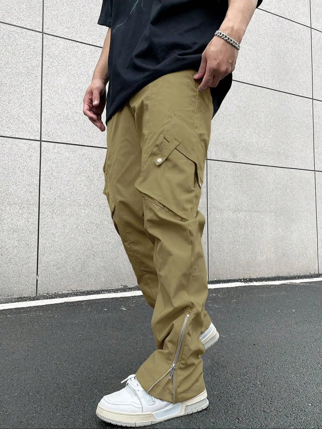 Olive Cargo Pants with Large Pockets and Ankle Zips