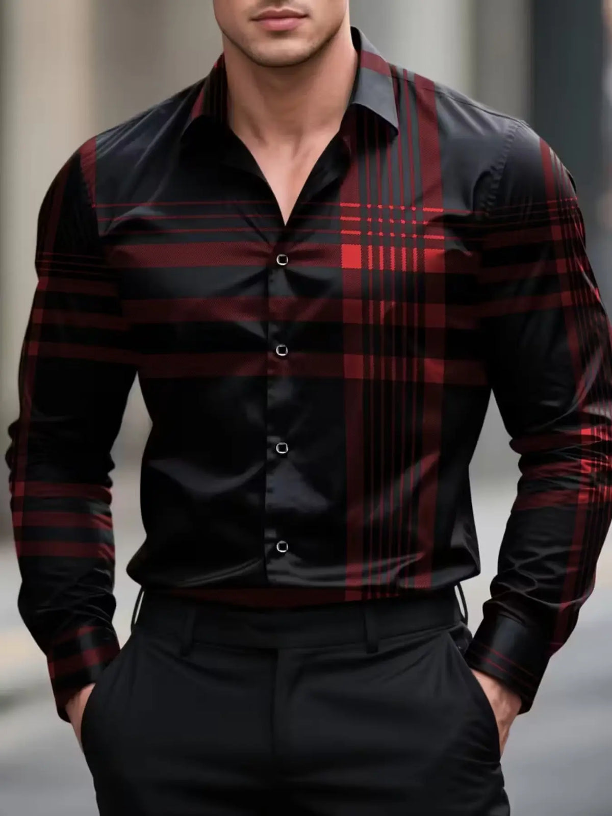 Black and Red Plaid Long Sleeve Button-Up Shirt