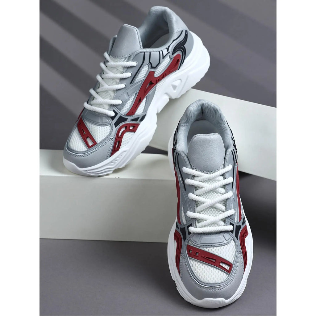Grey and White Chunky Sole Lace-Up Sneakers