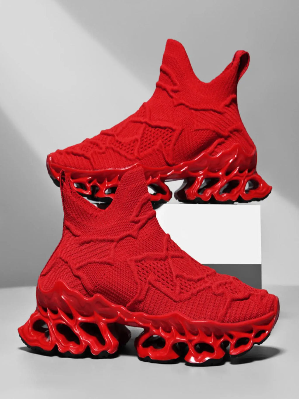Red Knit High-Top Sneakers with Sculpted Open Sole