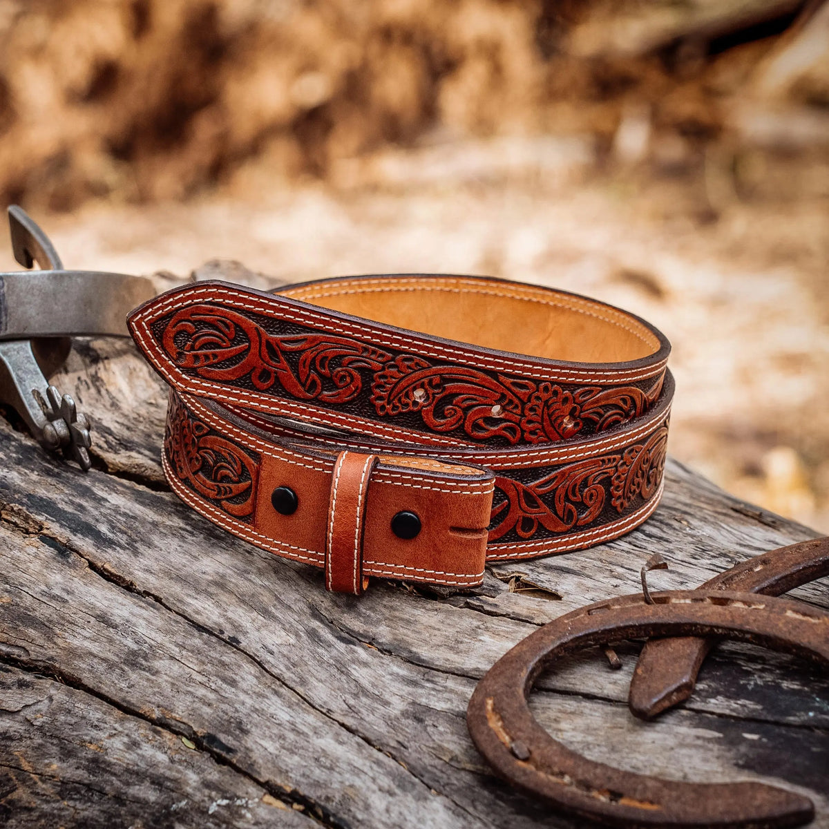 Tooled Brown Leather Western Belt