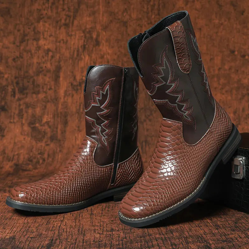 Brown Embroidered Mid-Calf Boots with Snakeskin Texture