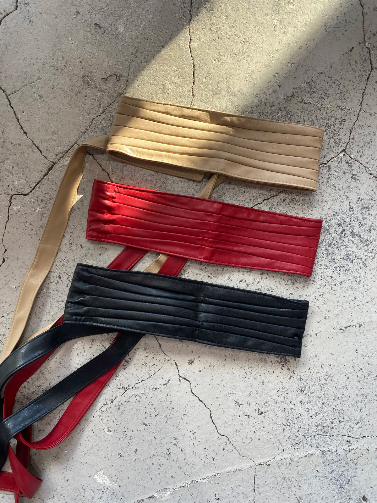 Wide Pleated Faux Leather Wrap Belt with Long Ties