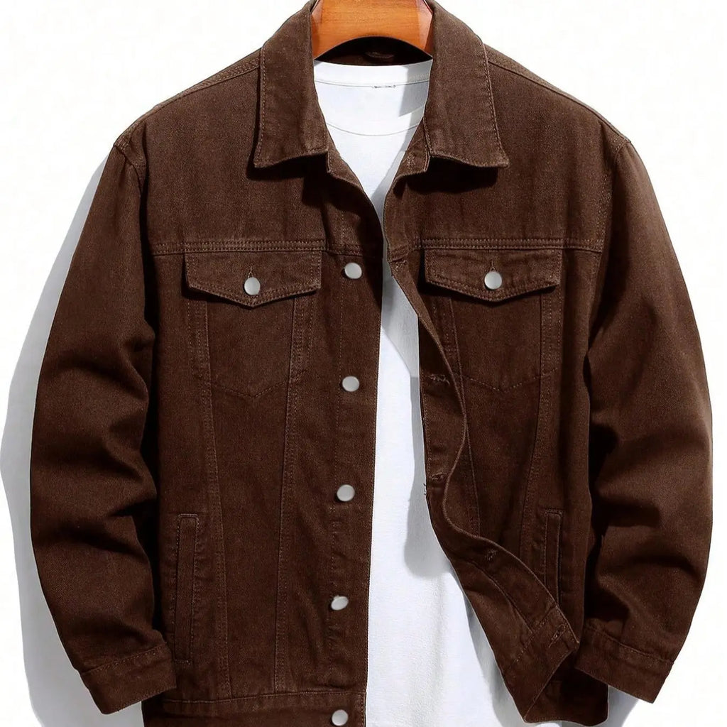 Black Button Front Denim Jacket with Chest Pockets