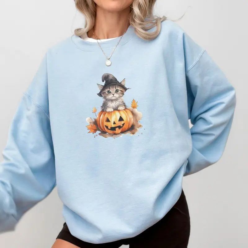 Heather Gray Crewneck Sweatshirt With Kitten Print