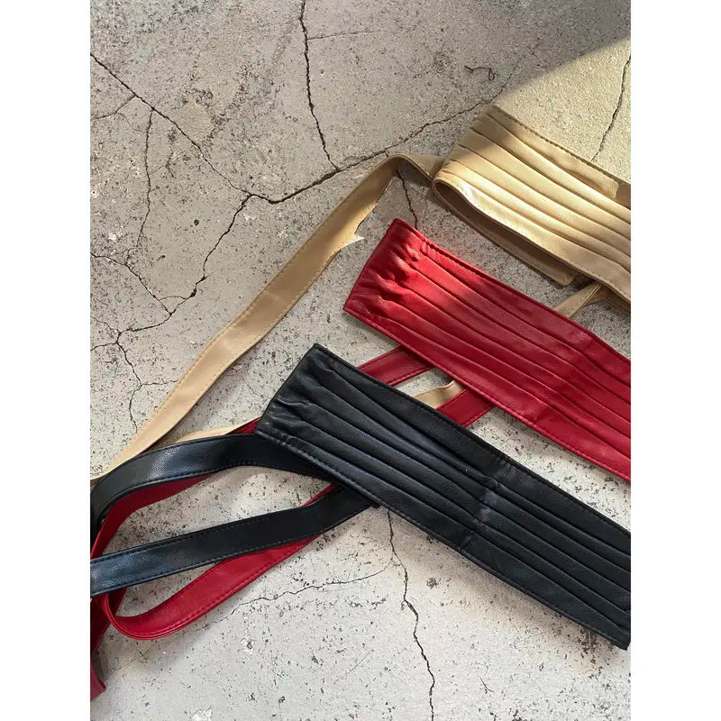 Wide Pleated Faux Leather Wrap Belt with Long Ties