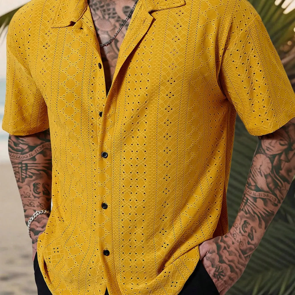 Red Short-Sleeve Camp Collar Button-Up Shirt