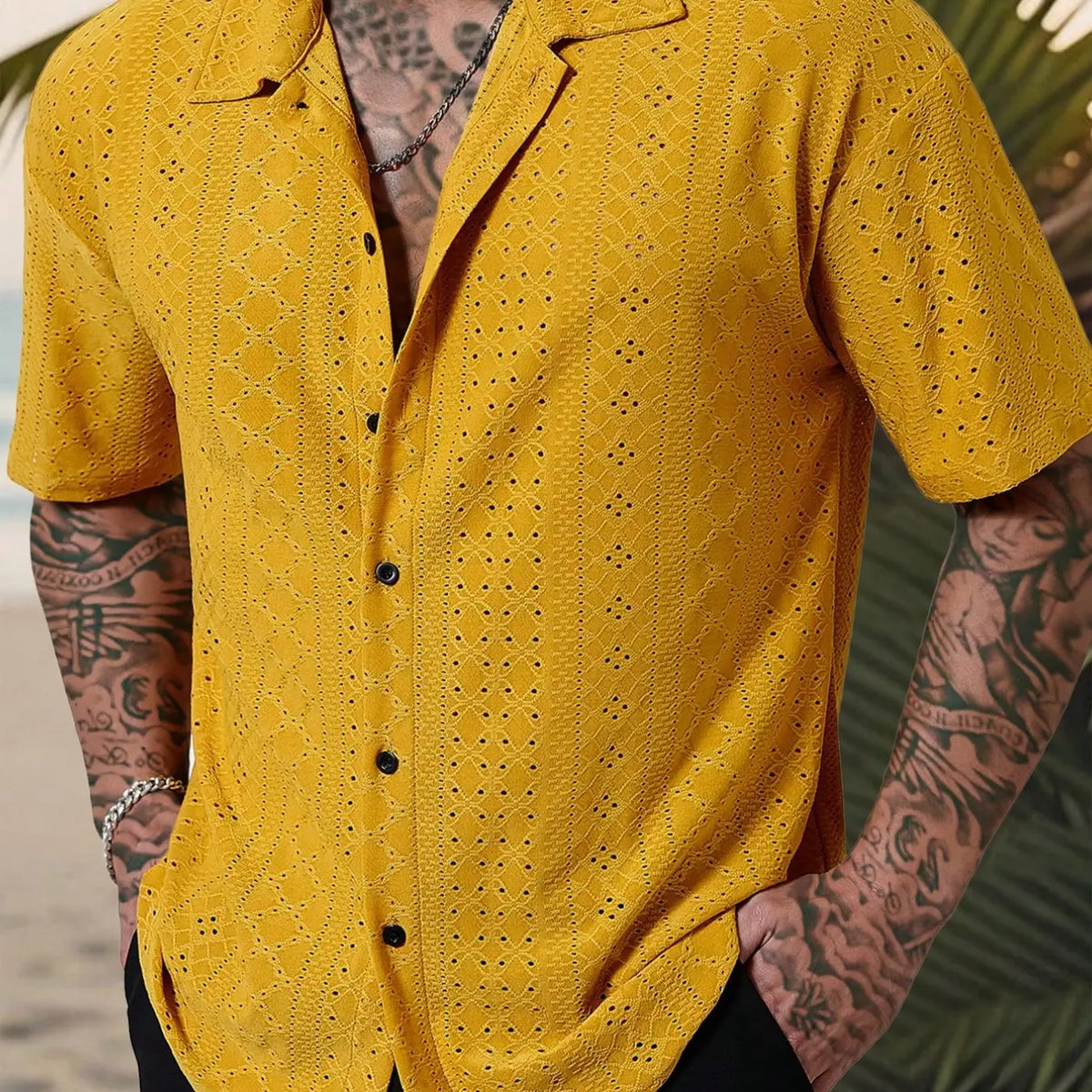 Red Short-Sleeve Camp Collar Button-Up Shirt