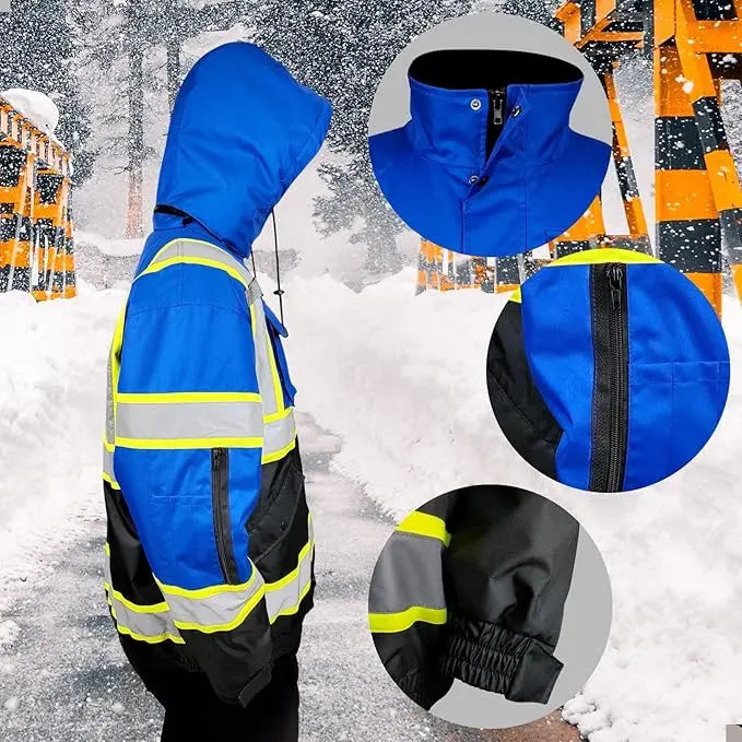 Blue and Black Hooded Safety Jacket with Reflective Stripes