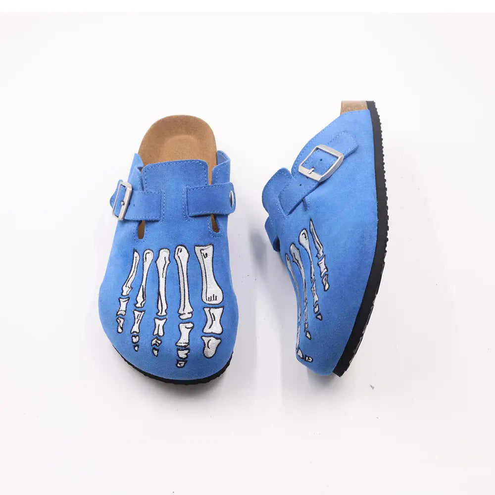 Blue Suede Cork Clogs with Skeleton Foot Print