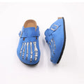 Blue Suede Cork Clogs with Skeleton Foot Print