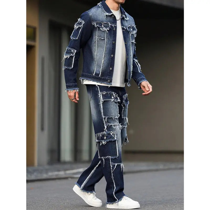 Blue Denim Jacket and Pants Set with Frayed Seams