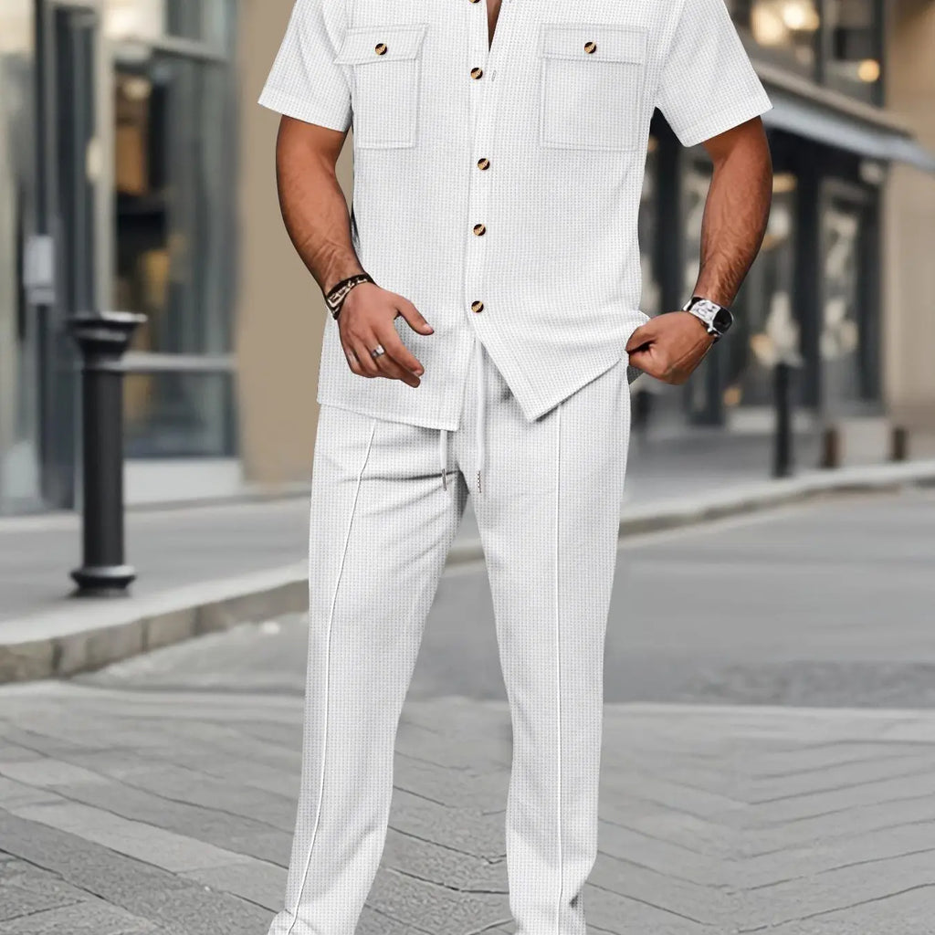 Cream Textured Short Sleeve Shirt and Pants Set