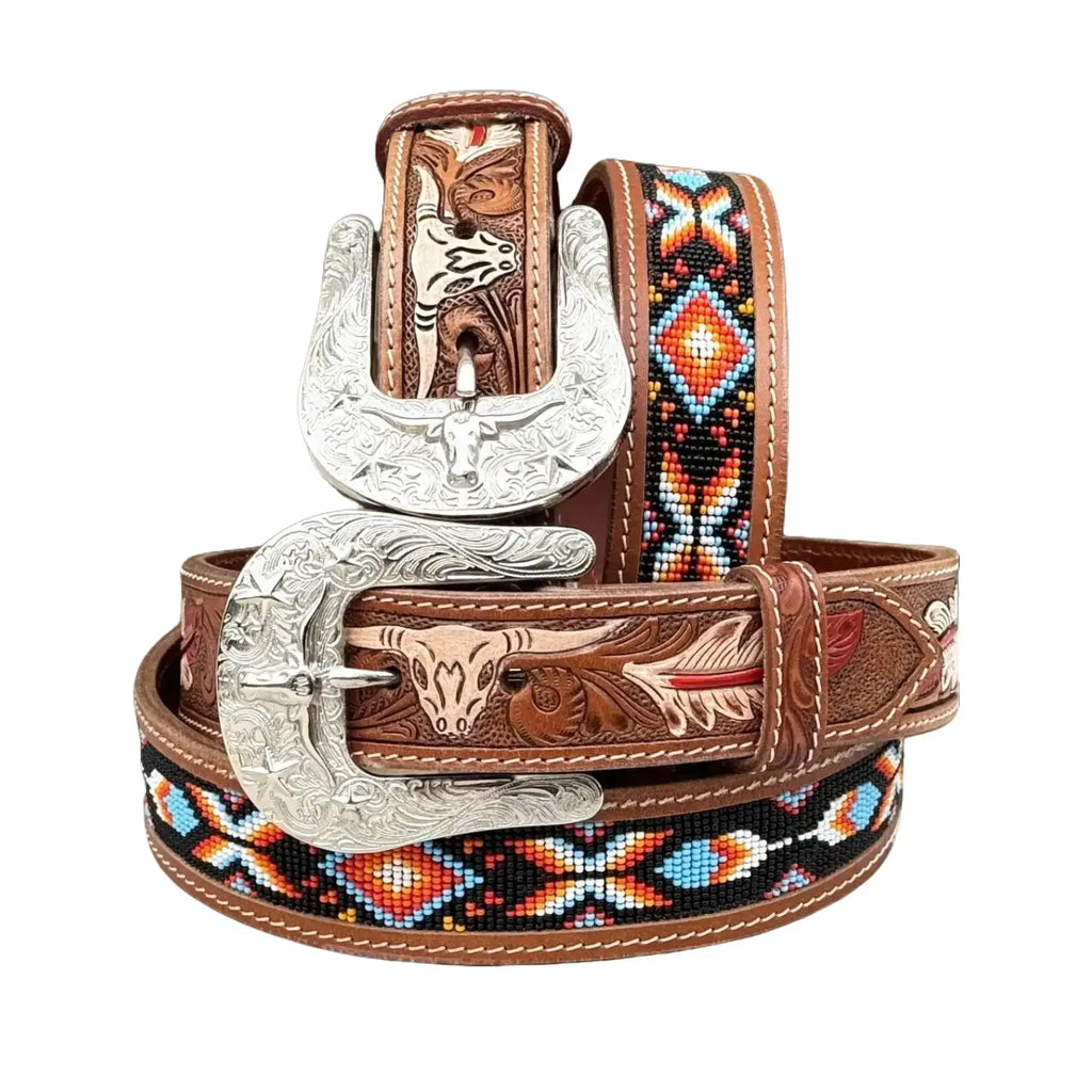 Tooled Brown Leather Belt with Beaded Inlay