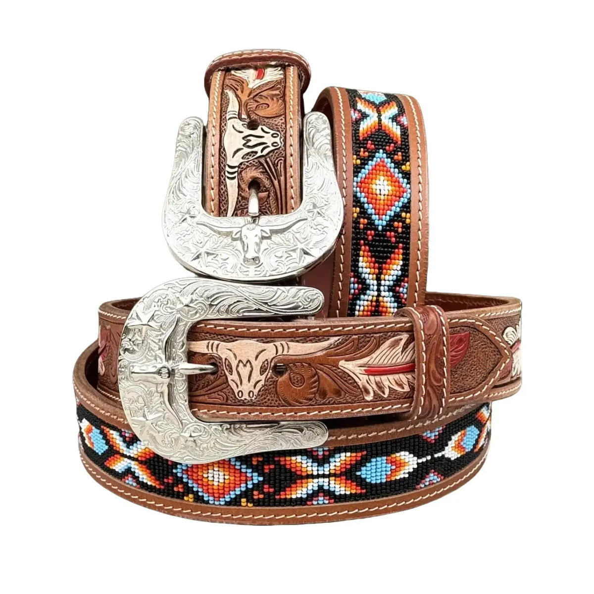 Tooled Brown Leather Belt with Beaded Inlay