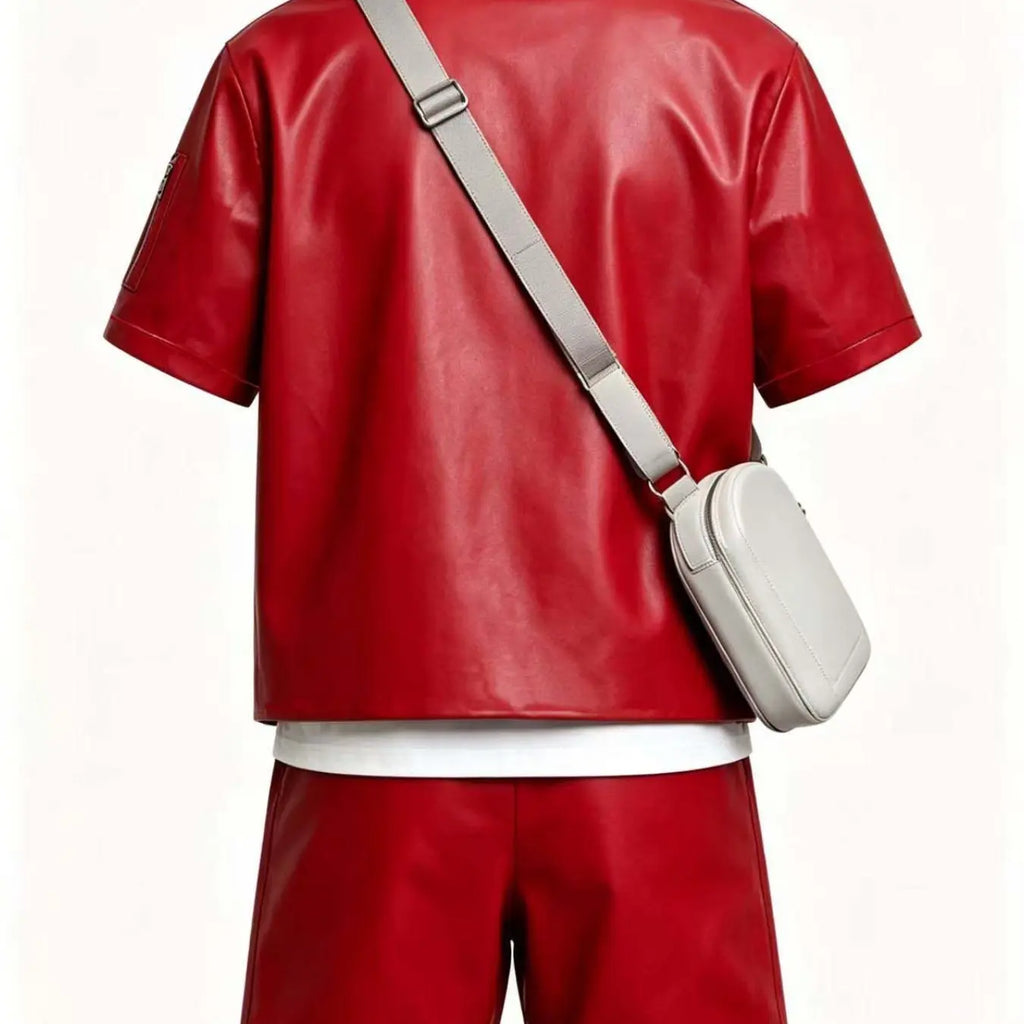 Red Faux Leather Short Sleeve Zip Shirt and Shorts