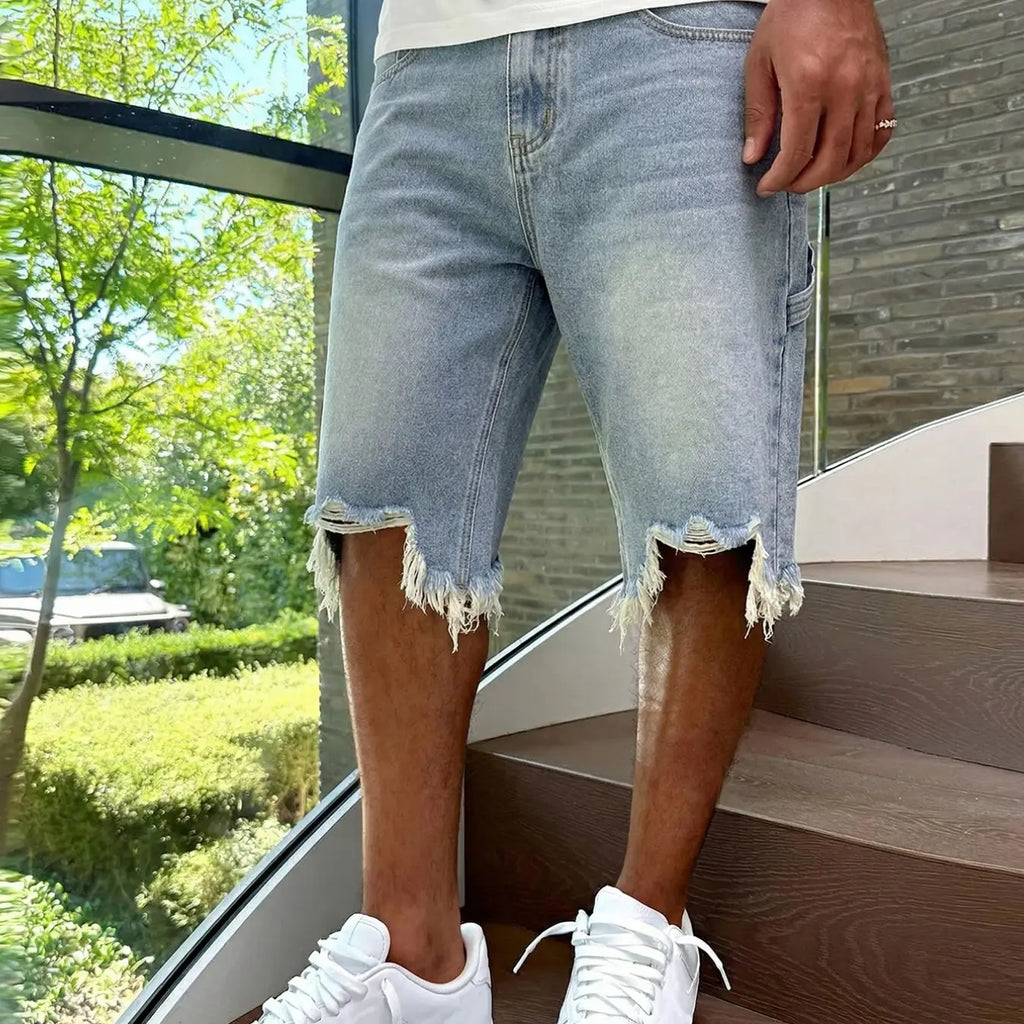 Light Wash Denim Shorts with Frayed Hems