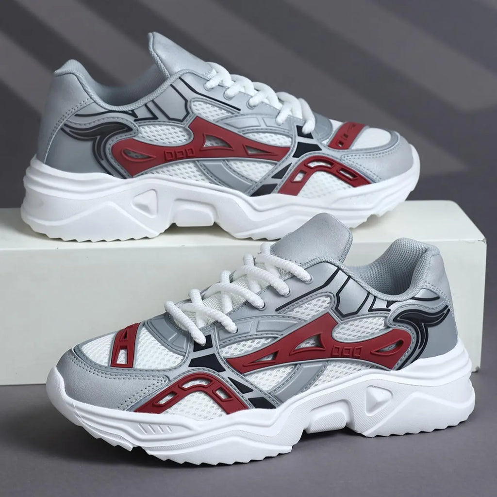 Grey and White Chunky Sole Lace-Up Sneakers
