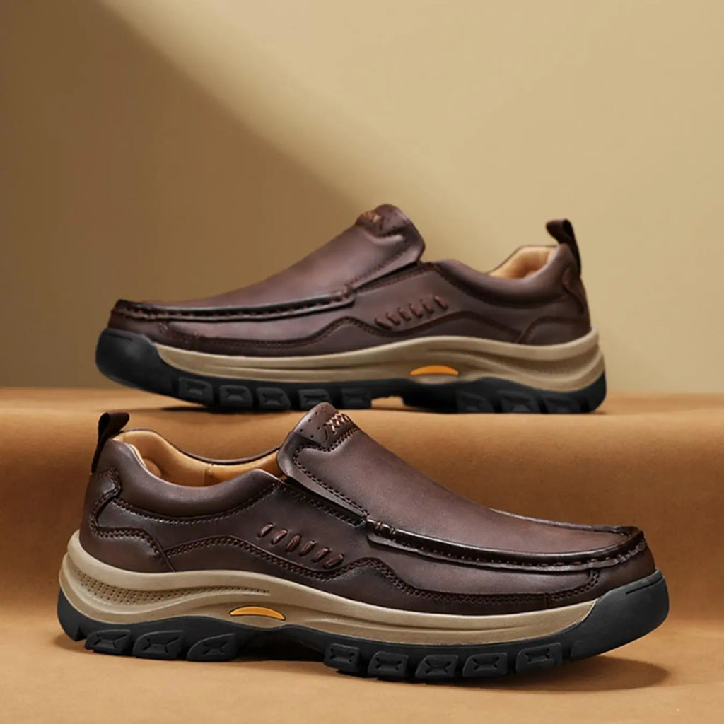 Brown Leather-Look Slip-On Shoes with Thick Tread Sole