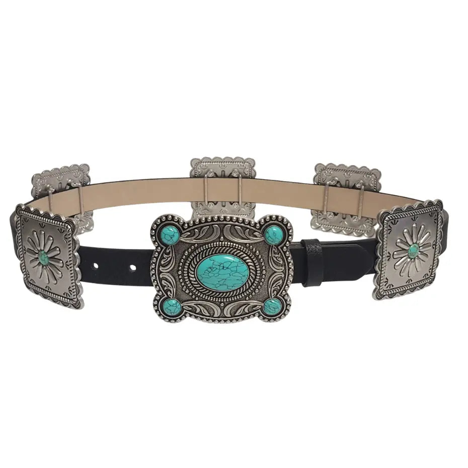 Black Belt with Silver Conchos and Turquoise Buckle