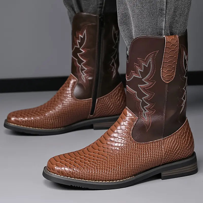 Brown Embroidered Mid-Calf Boots with Snakeskin Texture