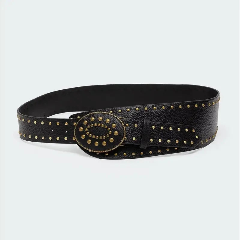 Wide Black Belt with Studs and Oval Buckle