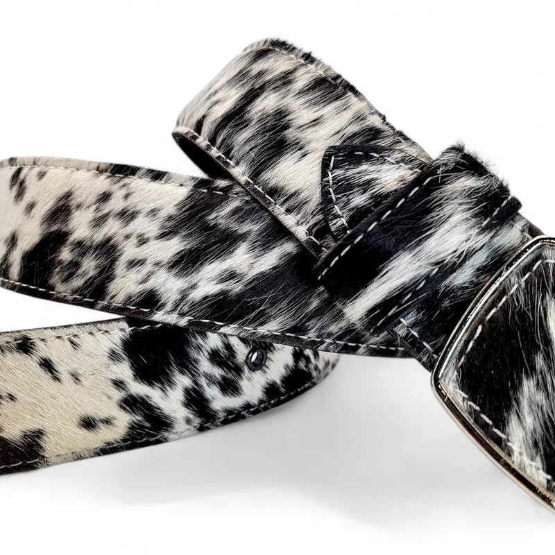 Black and White Hair-On Hide Belt With Buckle