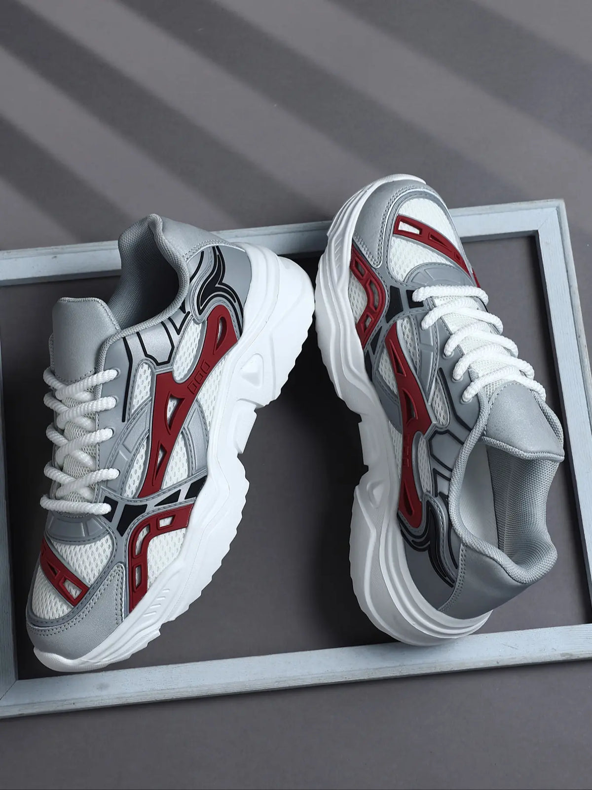 Grey and White Chunky Sole Lace-Up Sneakers