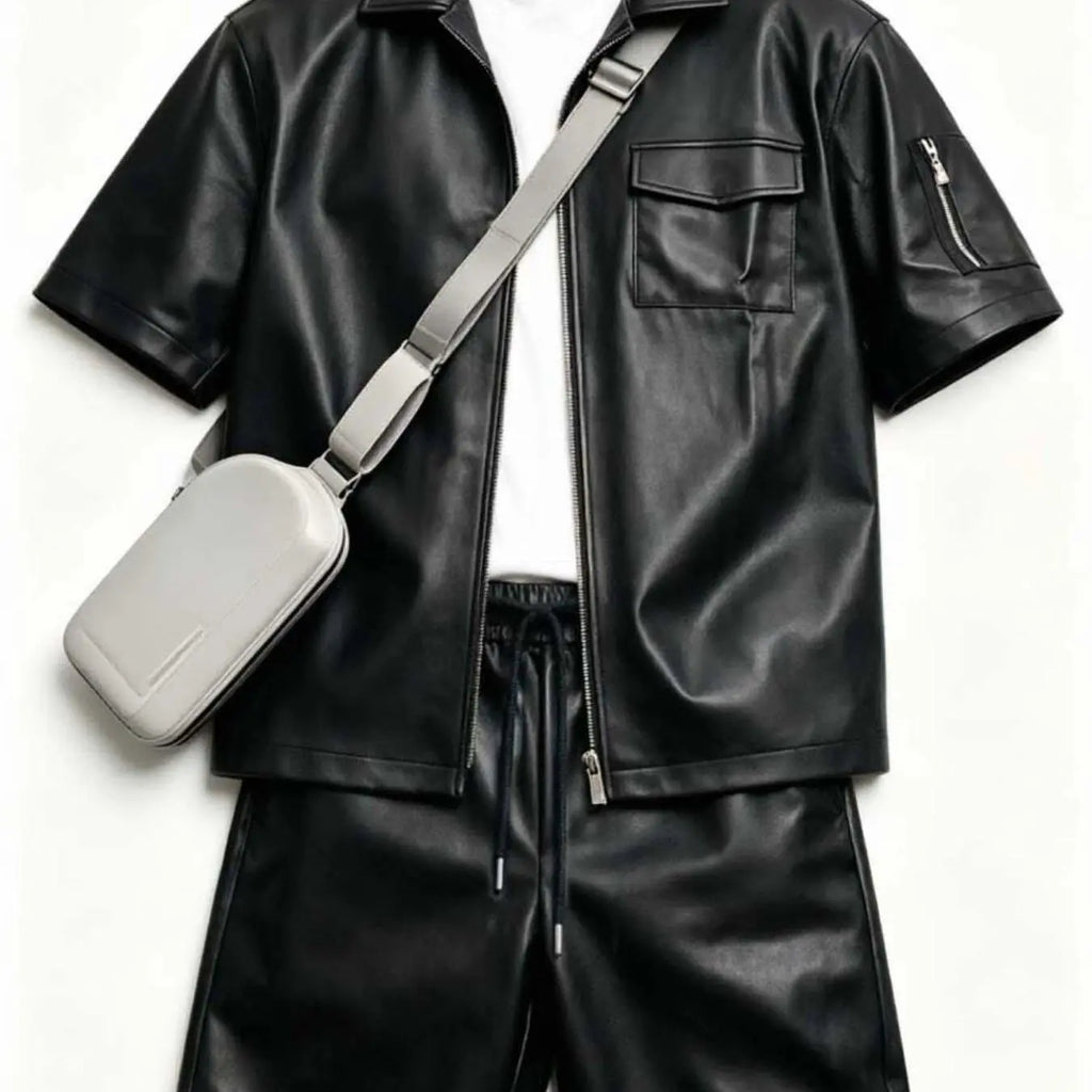 Red Faux Leather Short Sleeve Zip Shirt and Shorts