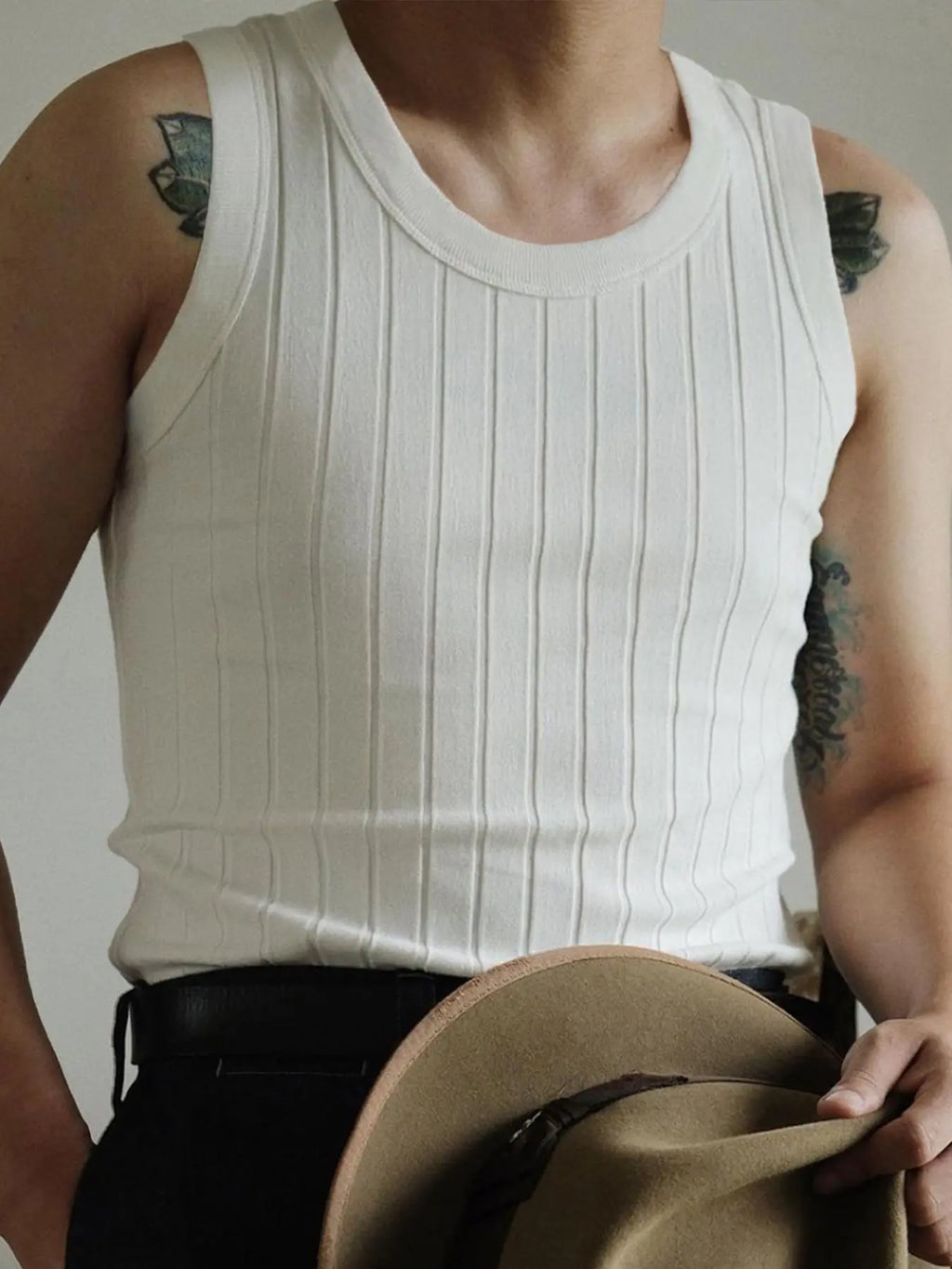 Cream Ribbed Knit Sleeveless Round Neck Top