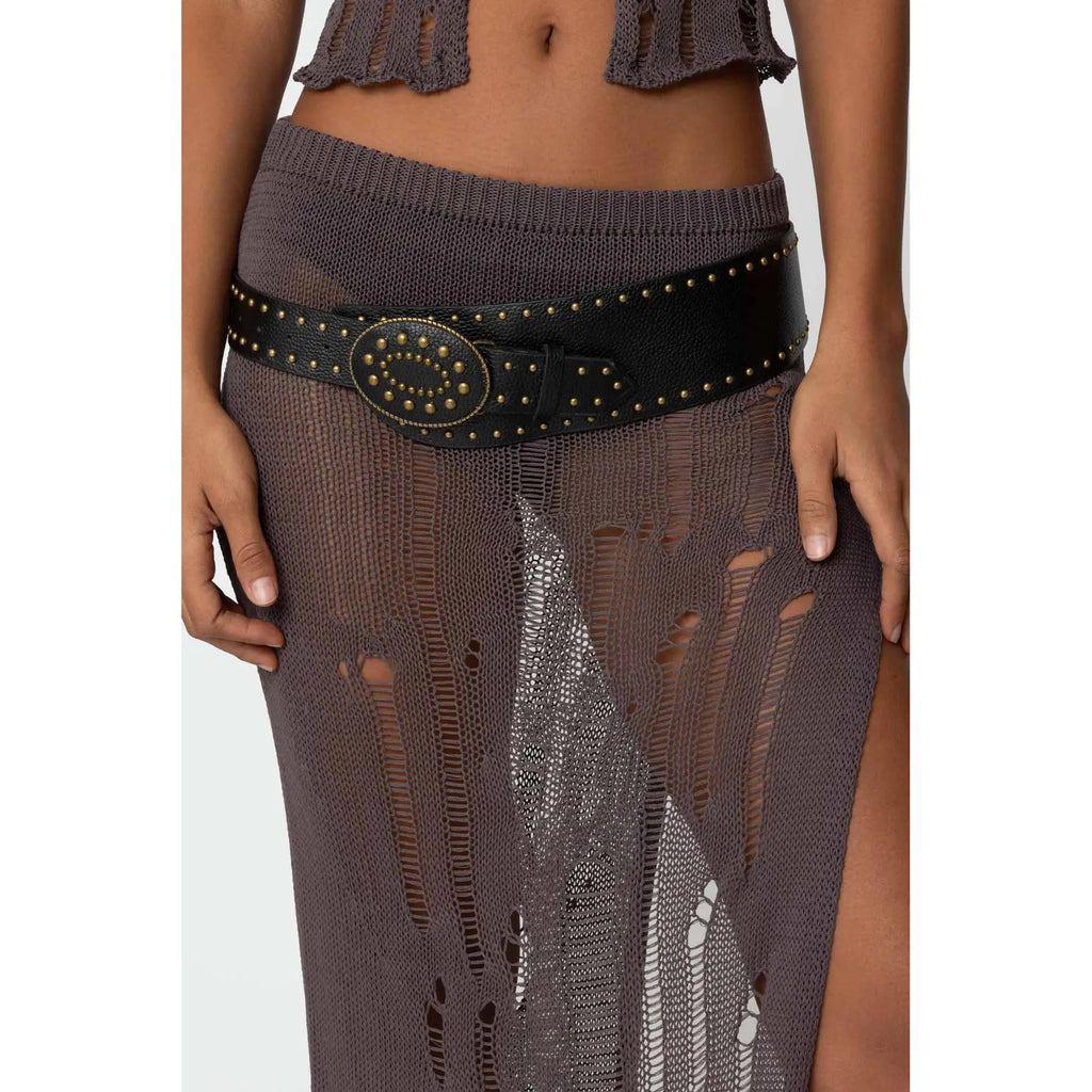 Wide Black Belt with Studs and Oval Buckle
