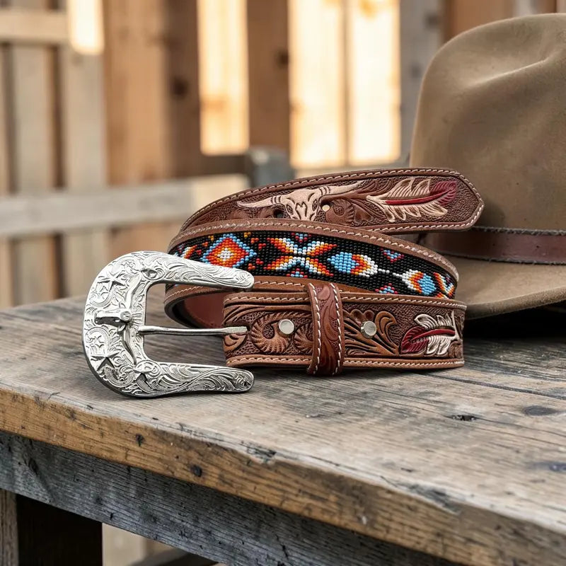 Tooled Brown Leather Belt with Beaded Inlay