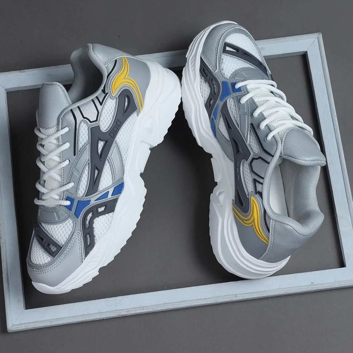 Grey and White Chunky Sole Lace-Up Sneakers