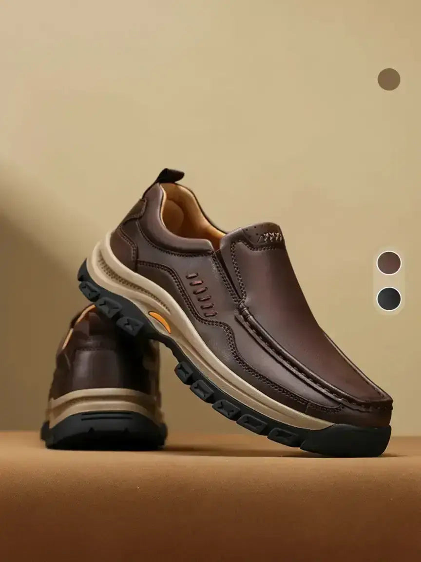 Brown Leather-Look Slip-On Shoes with Thick Tread Sole
