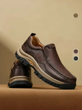 Brown Leather-Look Slip-On Shoes with Thick Tread Sole