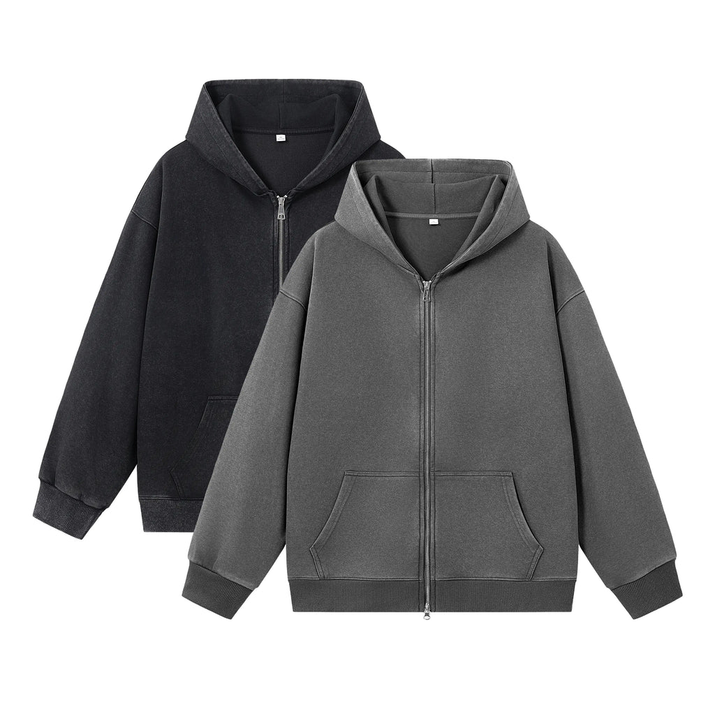 Two Washed Grey Zip-Front Hooded Jackets