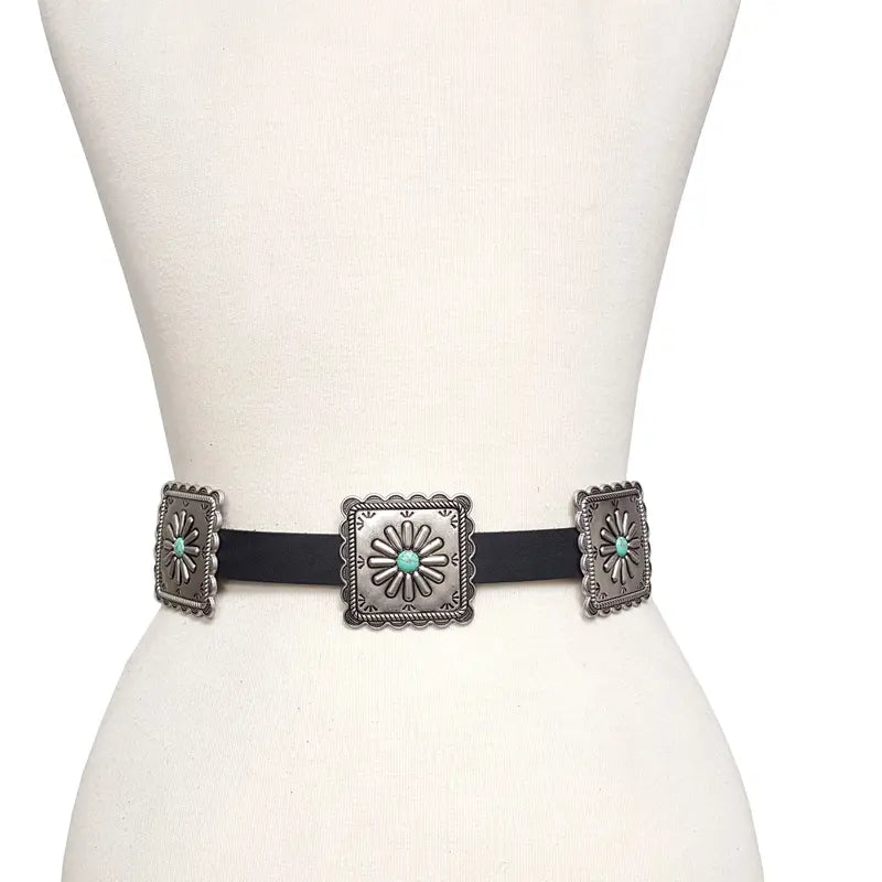 Black Belt with Silver Conchos and Turquoise Buckle