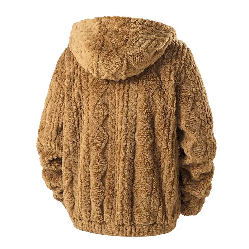 Camel Brown Fluffy Hooded Zip-Up Jacket