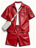 Red Faux Leather Short Sleeve Zip Shirt and Shorts