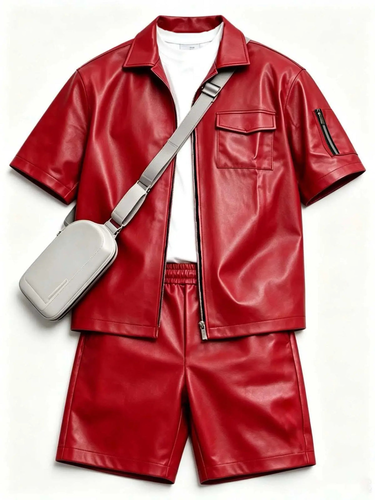 Red Faux Leather Short Sleeve Zip Shirt and Shorts